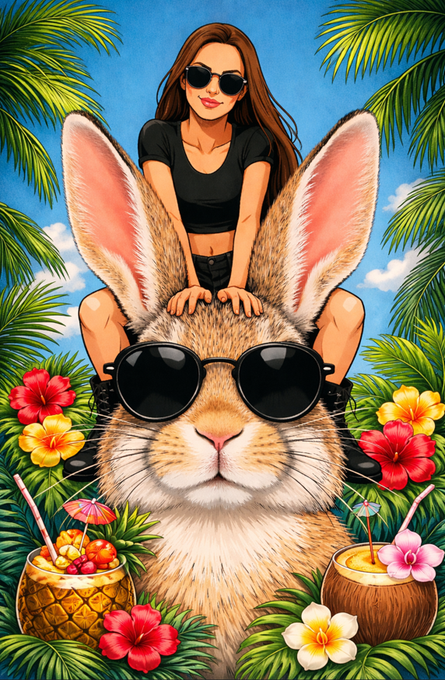 A woman in sunglasses rides a giant bunny sporting its own shades, surrounded by tropical flowers and coconut drinks, evoking a wild and absurd luxury fantasy. The whimsical image pairs with the post's message that people pay premium prices for "brand-name" art without questioning the markup, just like buying Hermès bags over cheaper street vendor alternatives.