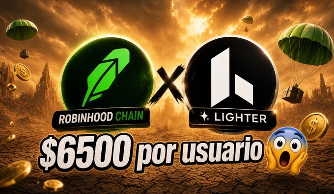 A promotional graphic showing a "Robinhood Chain x Lighter" collaboration with "$6500 por usuario" text and a shocked emoji, illustrating a post analyzing a $26M token farming campaign that allegedly pays roughly $6,500 to each of its ~4,000 participating users.
