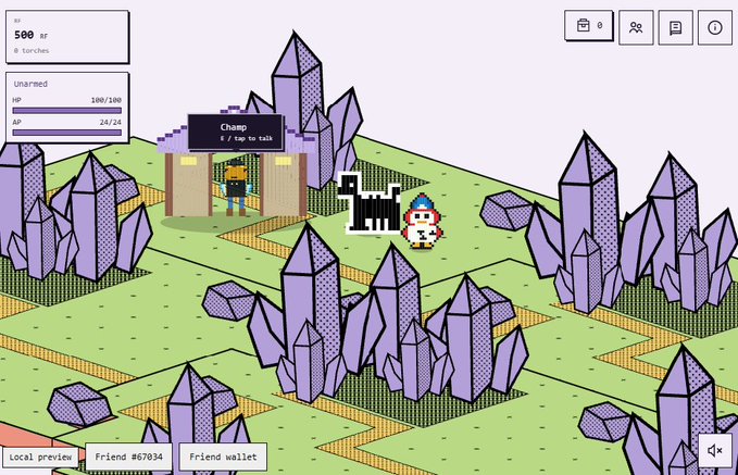 Screenshot of a pixel-art style video game featuring a grid-based landscape with purple crystal formations, showing a character near a 'Chanp' NPC with HP/AP stats displayed at 100/100 and 24/24.