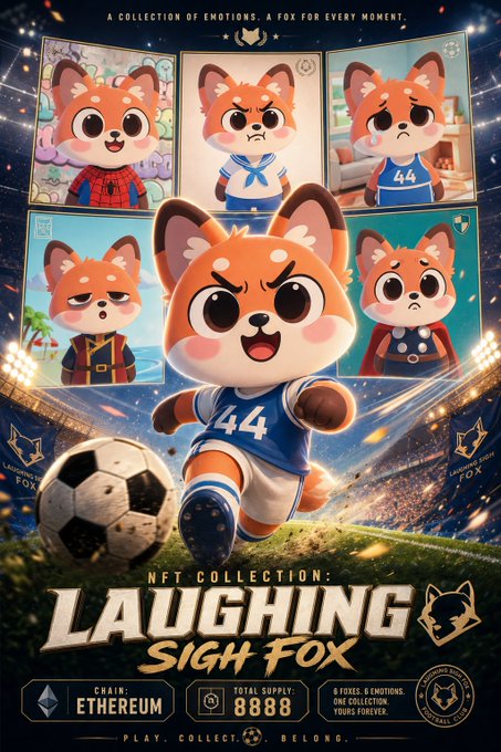 A promotional poster for an NFT collection titled 'LAUGHING SIGH FOX' featuring various cartoon fox characters with different expressions, available on Ethereum with a total supply of 8,888.
