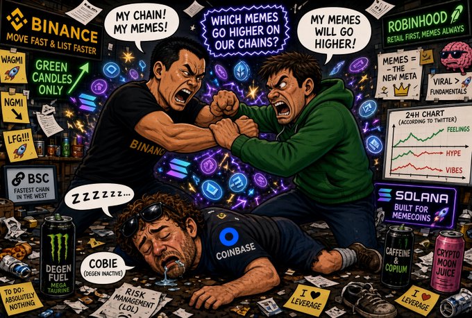 The image is a cartoon depicting Binance's CZ (in a Binance shirt) and Robinhood's Vlad Tenev (in a green hoodie) arm-wrestling while shouting "MY CHAIN! MY MEMES!" and "MY MEMES WILL GO HIGHER!"—representing their battle over meme coin listings and chain dominance, while a passed-out Cobie (labeled "Degen Inactive") lies beneath them snoring, with surrounding signage mocking various crypto themes (BSC "fastest chain," Solana "built for memecoins," "Green Candles Only," "24H Chart According to Twitter," and cans of "Degen Fuel" and "Crypto Moon Juice"). The image directly illustrates the post's joke about CZ and Vlad going "toe to toe" in a meme coin rivalry, while Cobie is comically knocked out or disengaged from the chaos.