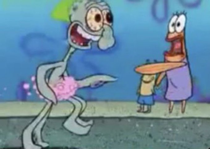 This image is a famous SpongeBob meme featuring Squidward looking absolutely terrified and unhinged as he stares at a normal, unsuspecting Patrick holding a hot dog. It perfectly captures the post's sentiment of being shocked and disturbed by people believing "infofi is back," with Squidward's wide-eyed, disturbed expression representing the poster's horrified reaction to this opinion.