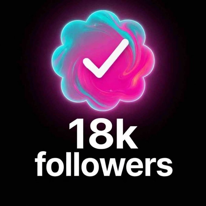 A colorful, abstract flower-shaped icon with a white checkmark glows against a black background, with the text '18k followers' displayed below.