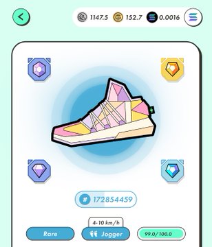 The image shows an advertisement for shoes with a purple gemstone design. The text indicates that the shoes are available for purchase, but they are not currently in marathon mode. Instead, the shoes can be bought at any time. There are four different designs of shoes displayed on the screen, and one is a pink shoe with a blue sole. The post also mentions that there is an offer to buy these shoes for 4.10/0.1 km/h or 9/0 mph.