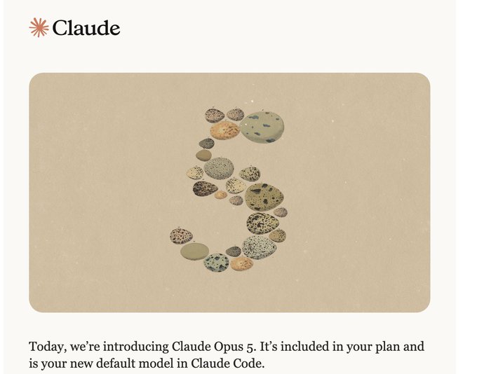 Anthropic's Claude announcement featuring pebbles arranged into the number '5', with text reading 'Today, we're introducing Claude Opus 5. It's included in your plan and is your new default model in Claude Code.'