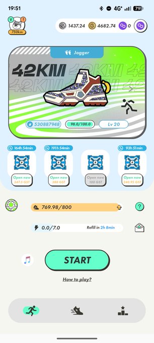 A mobile app screenshot showing a fitness/jogging game interface with '42KM' progress, virtual sneaker NFT, energy levels (769.98/800), and a green START button.