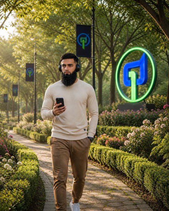 A bearded man in a cream sweater and tan pants walks through a sunlit garden path wearing a phone, with a large glowing blue and green music note logo displayed on a sign to his right.