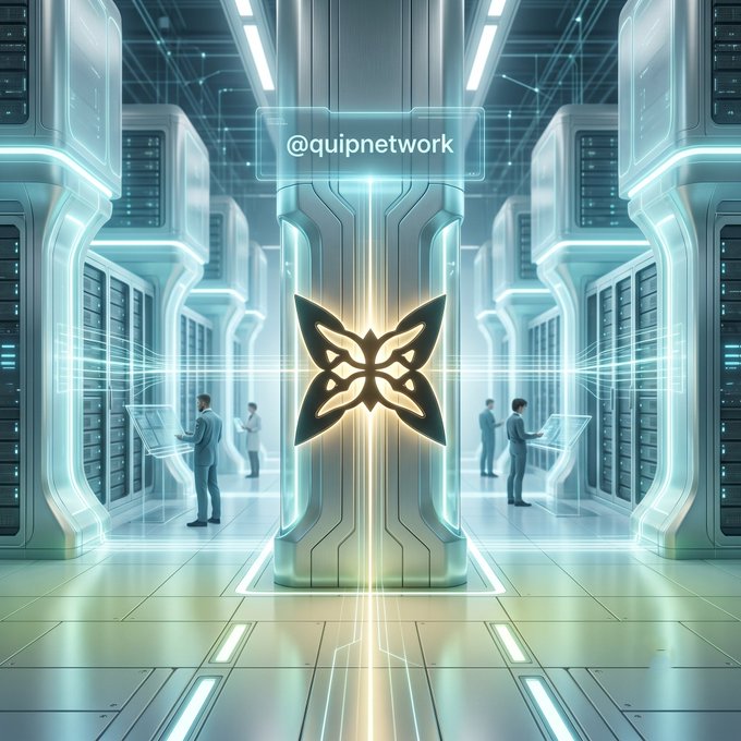 A futuristic data center with technicians working on server racks surrounds a glowing central pillar displaying the Quip Network logo, with the text "@quipnetwork" floating above. The image visually represents Quip Network's post-quantum security infrastructure designed to protect cryptocurrencies like $BTC, $ETH, and $SOL from the impending threat of quantum computing breaking traditional encryption.