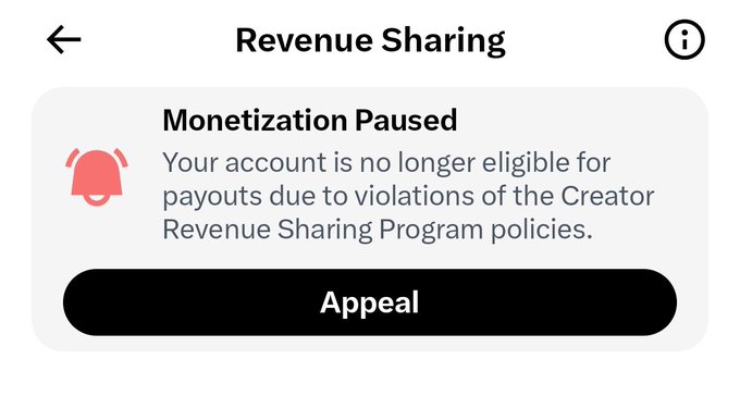 The image shows a "Monetization Paused" notification resulting from violations of X's Creator Revenue Sharing Program policies. Despite being ineligible for payouts, the user states they will not appeal, referring to "the stimmy" which is the monetization payout.