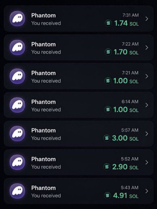 A smartphone screenshot showing seven consecutive Phantom wallet notifications of incoming SOL transactions, including amounts of 1.74, 1.70, 1.00, 1.00, 3.00, 2.90, and 4.91 SOL, likely serving as visual "proof" to promote the $1,000 SOL giveaway contest announced in the accompanying post.