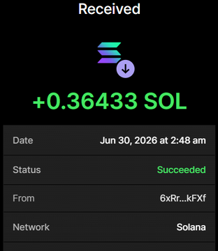 A screenshot of a successful wallet transaction showing a receipt of +0.36433 SOL received on the Solana network on Jun 30, 2026 at 2:48 am from address 6xRr…kFXf, confirming the SOL payment referenced in the post for purchasing 910,825 $TPI at 0.36 SOL.