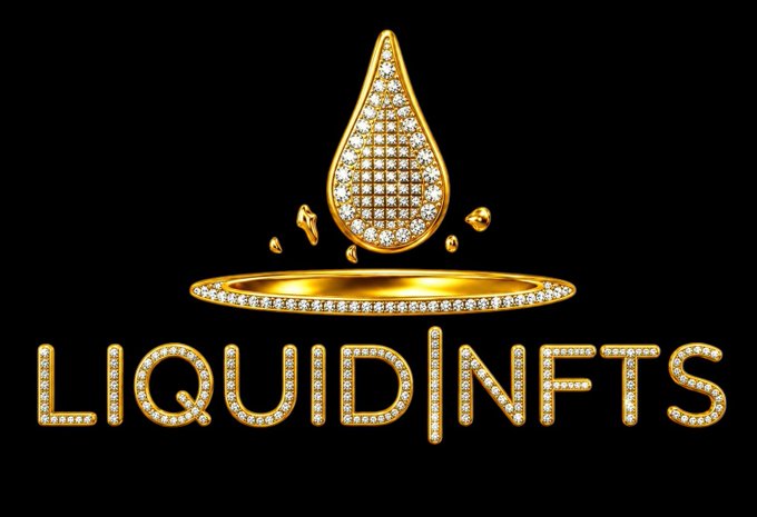 A glamorous gold and diamond logo featuring a stylized drop and band, with the text 'LIQUID NFTS' in jewel-encrusted letters against a black background.