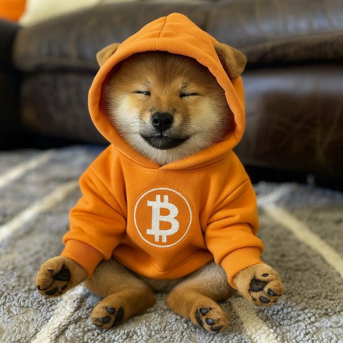 An AI-generated image of a smiling Shiba Inu puppy wearing an orange Bitcoin-themed hoodie, sitting contentedly on a rug in front of a leather couch.