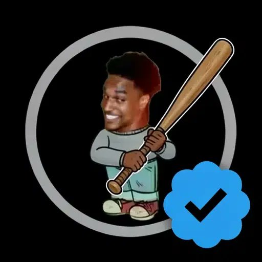 A cartoon illustration depicts a Black man holding a baseball bat, with a blue checkmark icon in the lower right corner against a black backdrop.