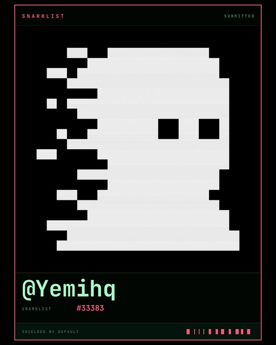 A digital artwork in glitchy, pixelated white blocks forming a ghost-like face against a black background, styled like a snarklist certificate. The image displays "SNARKLIST," "@Yemihq," "SUBMITTED," and "#33383," corresponding to the post announcing the @Yemihq username's successful application to the snarklist (record 33383) via @zksnarks_.