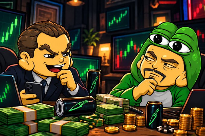 A cartoon illustration of two men, one in a suit holding a phone and the other in a green frog hoodie, surrounded by stacks of cash, gold coins, and energy drink cans in front of stock market charts.