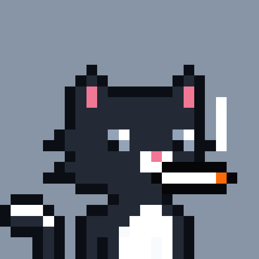 A pixel art illustration of a black and white cat smoking a cigarette against a blue background.