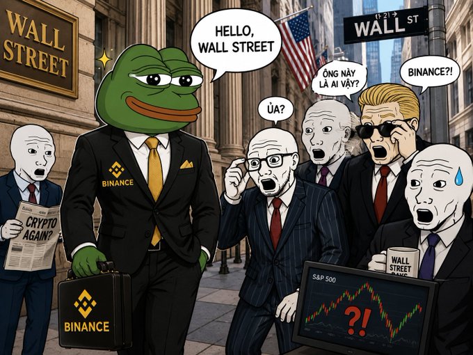 A cartoon depicts Pepe the Frog dressed as a Binance executive greeting shocked Wall Street traders holding a 'CRYPTO AGAIN?' newspaper, with a monitor showing an S&P 500 chart crashing with a '?!' graphic.