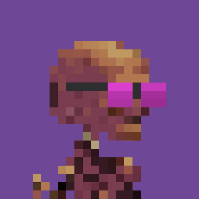 Pixel art of a character with brown skin, magenta sunglasses, and a bright orange top against a solid purple background.