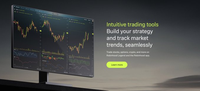 A promotional image showing a curved monitor displaying trading charts with text reading 'Intuitive trading tools Build your strategy and track market trends, seamlessly' and a 'Learn more' button.