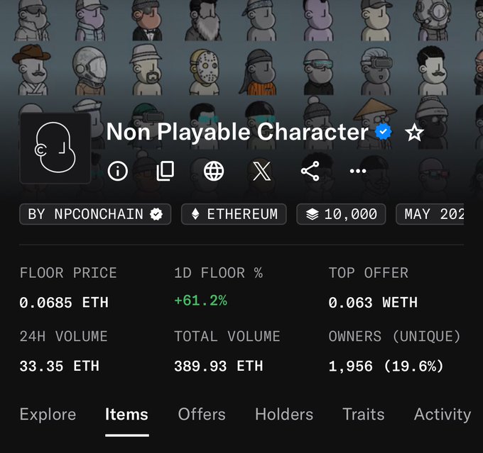 The image shows a list of items that have been purchased by users, including a character named Non Playable Character (NPC) from the game Minecraft. The text "LITERALLY EVERYONE WHO BOUGHT OR MINTED AN NPC IS IN PROFITS." suggests that the post is about the profits made by the players who bought items in the game.
