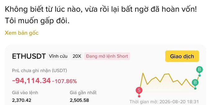 A Vietnamese-language Binance trading screenshot showing an ETHUSDT perpetual short position with an unrealized loss of -94,114.34 USDT (-107.86%), with text mentioning recovery and doubling the position.