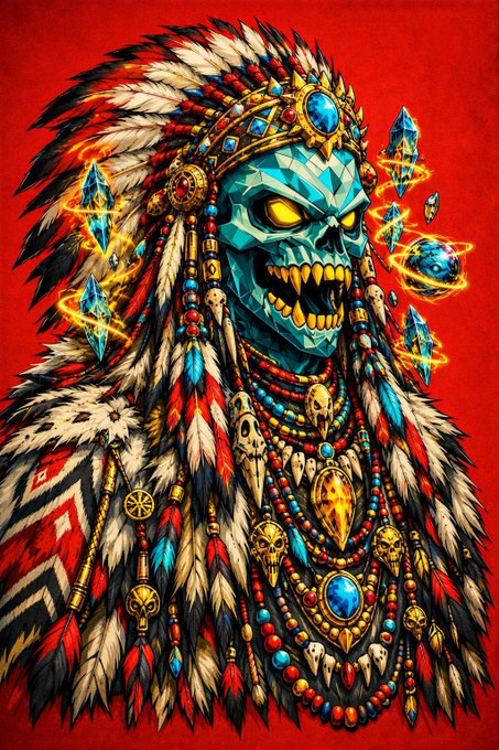 A vibrant illustration depicts a turquoise skull adorned with an elaborate Native American-style headdress featuring red, black, and white feathers, beaded necklaces, and floating blue crystals against a solid red background.