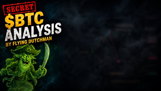 A pirate-themed banner with the text "SECRET $BTC ANALYSIS BY FLYING DUTCHMAN" featuring a green goblin pirate holding a cutlass, promoting an upcoming secret Bitcoin trading plan announcement.