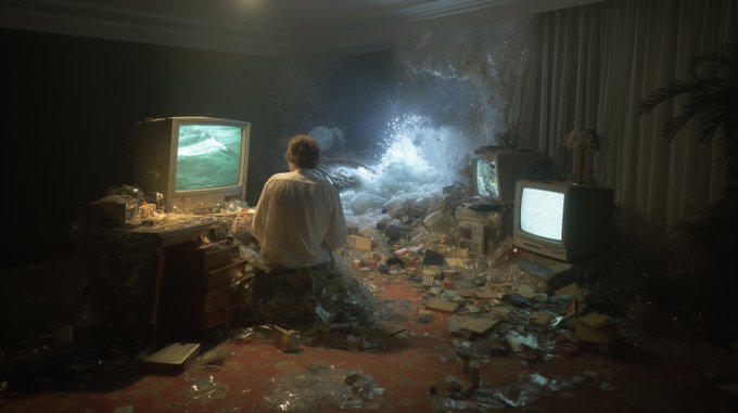 A person sits in a dimly lit, chaotic room filled with debris and scattered objects, watching an old TV displaying a green mountain. Two glowing screens illuminate the scene amid the mess, visually echoing the "Digital Deluge" concept of the NFT artwork—portraying an overwhelming flood of information and digital noise in everyday life.