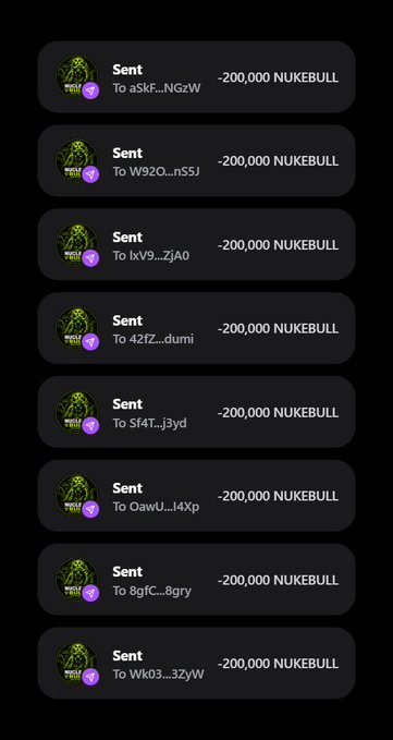 A series of transaction notifications showing 200,000 NUKEBULL tokens sent to various Solana wallet addresses (a9kF..NGzW, W92O..nSSJ, lxV9..Zja0, 42tZ..dumi, Sf4T..j3yd, OawU..i4Xp, 8gfC..8gry, Wk03..32yW), serving as proof of an airdrop distribution in which recipients receive 200,000 $NUKEBULL tokens.