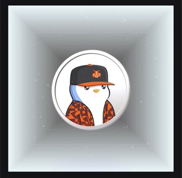 The image features a cartoon penguin wearing an orange hat with a black logo, standing against a white background. The penguin appears to be wearing a jacket or sweater, giving it a unique appearance. The text "Gm everyone and happy new month! I just claimed 2 pudgy SBTs. Don't forget to claim yours because its only available until 3 June." is present in the image, which seems to be related to the post about the cartoon penguin.
