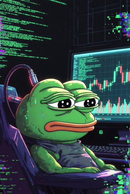 A digital illustration of Pepe the Frog wearing a headset, sitting in a gaming chair in front of multiple computer monitors displaying code and a trading chart with green and red candlesticks, set against a glitchy green background.