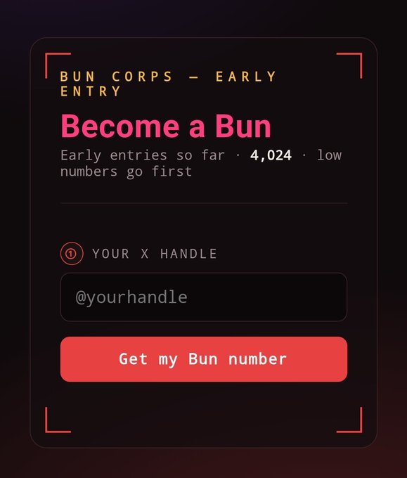 A dark-themed registration card for "BUN CORPS - EARLY ENTRY" with a pink "Become a Bun" headline shows 4,024 early entries, prompting users to input their X handle to get their Bun number. The image visually represents the early registration opportunity mentioned in the post about joining @BubbleBunsHQ on $AVAX.