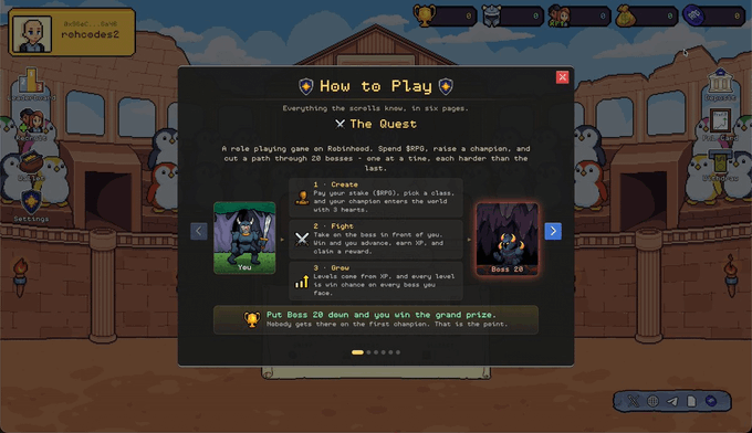 A "How to Play" tutorial screen from the RPG Onchain game displays instructions for "The Quest," featuring a pixel-art champion (labeled "You") and "Boss 20" against a gladiator arena backdrop. The tutorial explains core gameplay loops—creating heroes, fighting, gaining XP from battles, and farming $RPG tokens—aligning with the user's post highlighting the game's art style and $RPG token incentives.