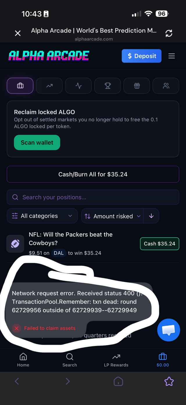 Mobile screenshot of Alpha Arcade showing a 'Cash/Burn All for $35.24' option and a circled error message: 'Network request error. Received status 400... TransactionPool.Remember: txn dead: round 62729956 outside of 62729939--62729949' with 'Failed to claim assets' highlighted.