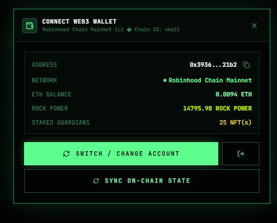A dark digital interface titled 'CONNECT WEB3 WALLET' displays a wallet address on the Robinhood Chain Mainnet, showing an ETH balance of 0.0094, 14795.98 ROCK POWER, and 25 STAKED GUARDIANS.