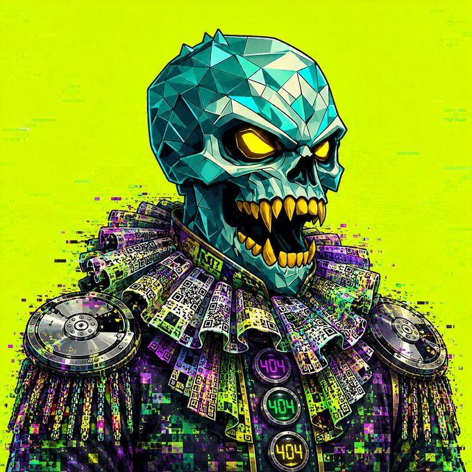 A digital illustration of a turquoise geometric skull with glowing yellow eyes and teeth, wearing a ruffled collar with digital numbers on a lime green background.