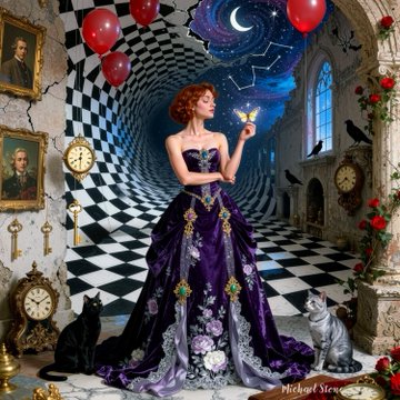 A surreal digital artwork by Michael Sion featuring a woman in an ornate purple gown standing in a checkered hallway, holding a glowing blue butterfly with red balloons floating above and a black cat nearby.