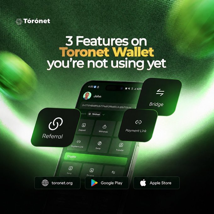 An advertisement for 'Toronet Wallet' highlighting '3 Features on Toronet Wallet you're not using yet' with floating icons for 'Referral', 'Payment Link', and 'Bridge'.
