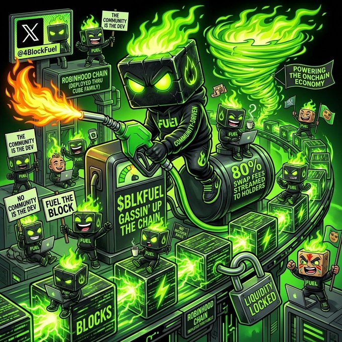 A vibrant green-themed promotional illustration featuring cartoon flame-headed cube characters promoting 'BLOCKFUEL' with text including '@4BlockFuel', 'ROBINHOOD CHAIN (DEPLOYED THRU CUBE FAMILY)', '$BLKFUEL GASSIN' UP THE CHAIN', '80% SWAP FEES STREAMED TO HOLDERS', 'LIQUIDITY LOCKED', and 'POWERING THE ONCHAIN ECONOMY'.