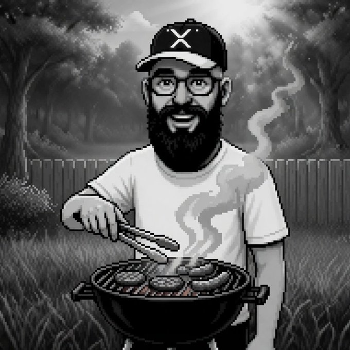 A black-and-white illustration of a bearded man wearing glasses and a baseball cap with an 'X' logo, smiling while grilling food on a backyard barbecue.