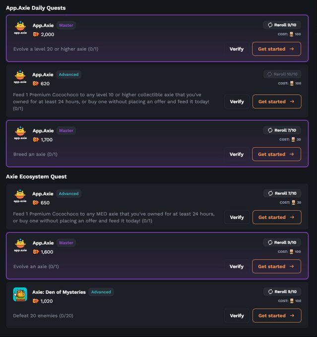 A screenshot of an "App.Axie Daily Quests" interface with multiple quests including "Evolve a level 20 or higher axie" and "Breed an axie" with Verify and Get started buttons.