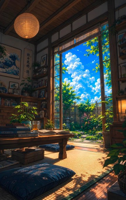 A serene anime-style illustration of a traditional Japanese study room with wooden bookshelves, a paper lantern, an open book on a low table, and floor cushions, looking out through large windows to a garden and bright blue cloudy sky.