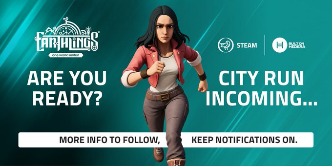 A promotional graphic for the game 'EARTHKINGS: one world united', showing a running female character with text 'ARE YOU READY?' and 'CITY RUN INCOMING...', available on Steam and built on Hedera.