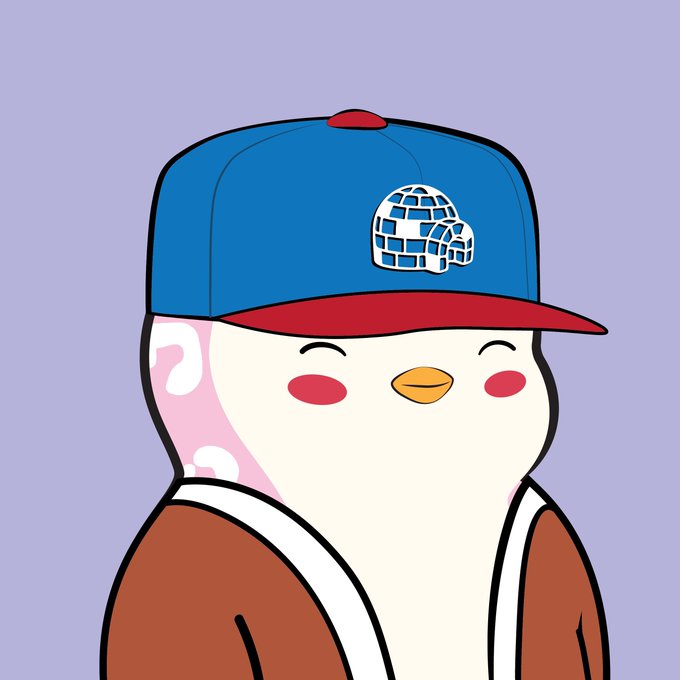 A cartoon illustration of a cute white bird-like character with pink cheeks wearing a blue and red cap and a brown jacket.