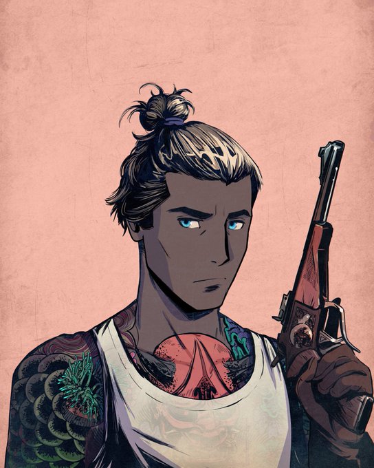A stylized illustration of a tattooed young man with blonde hair in a bun, bright blue eyes, and a white tank top, holding a shotgun against a muted peach background.