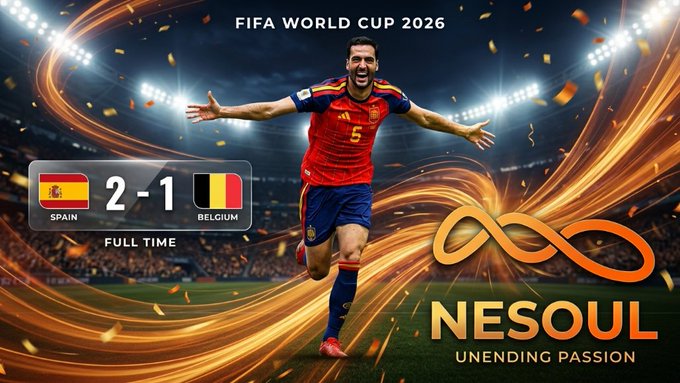 A promotional graphic for 'NESOUL UNENDING PASSION' showing a celebrating soccer player with a 'FIFA WORLD CUP 2026' banner, final score 'SPAIN 2-1 BELGIUM FULL TIME' displayed prominently.