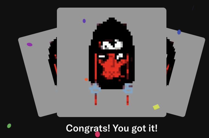A pixel-art style game reward screen displaying a hooded figure with a red mask on cards, accompanied by the text 'Congrats! You got it!'