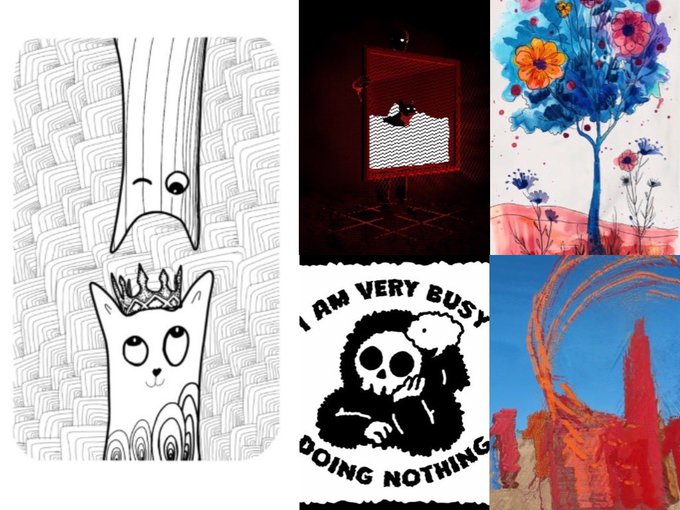 Collage of various artworks: a cartoon cat, a line drawing of a crying figure, a dark doorway with a person, a colorful tree, a "I AM VERY BUSY DOING NOTHING" panda graphic, and an abstract painting.