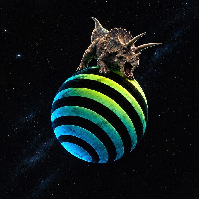 A digital artwork of a roaring triceratops dinosaur standing on top of a striped blue and green planet, set against a starry space background.